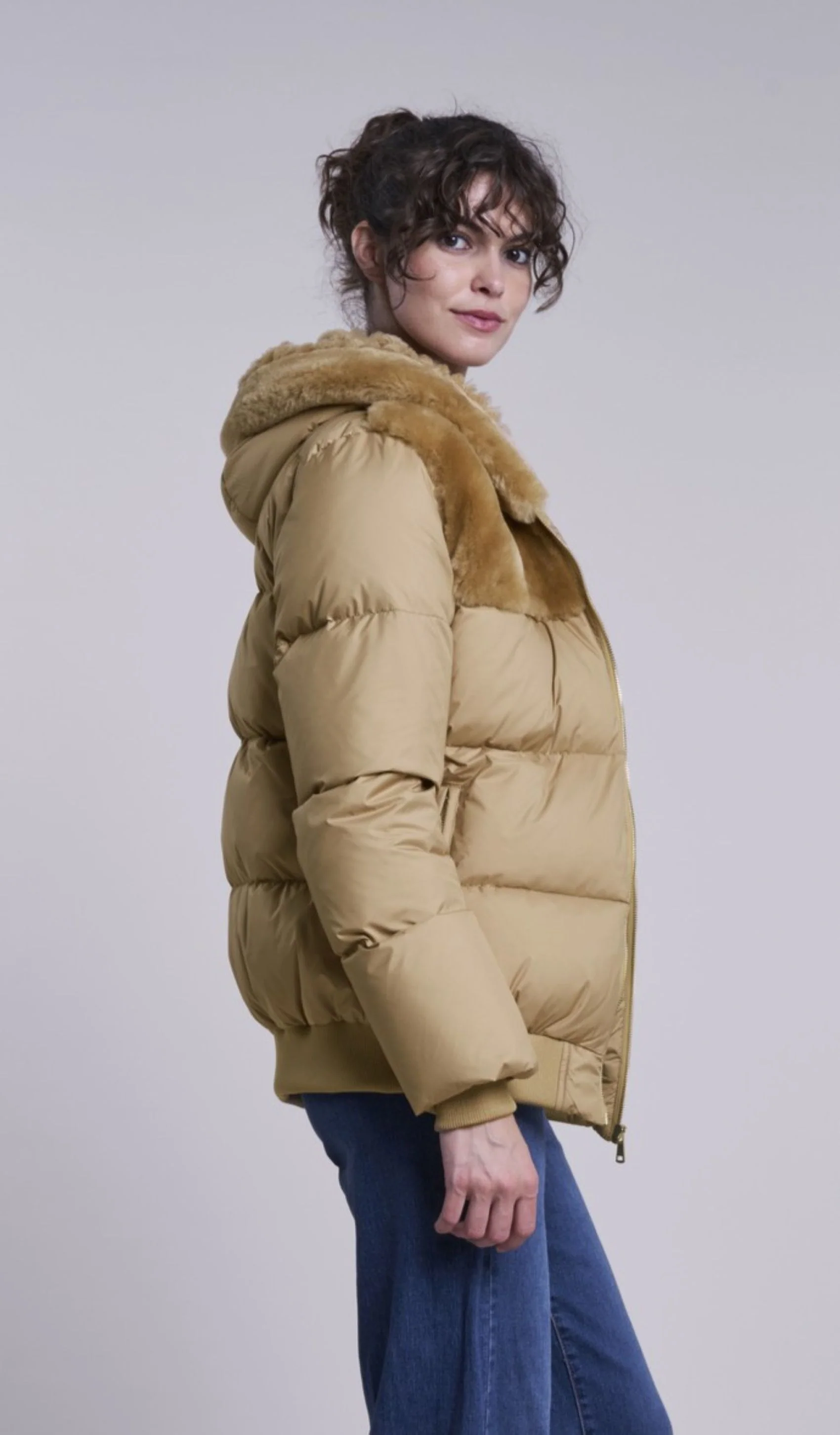 215HDC Down hooded jacket with shearling yoke   $95   Final Sale - Image 3